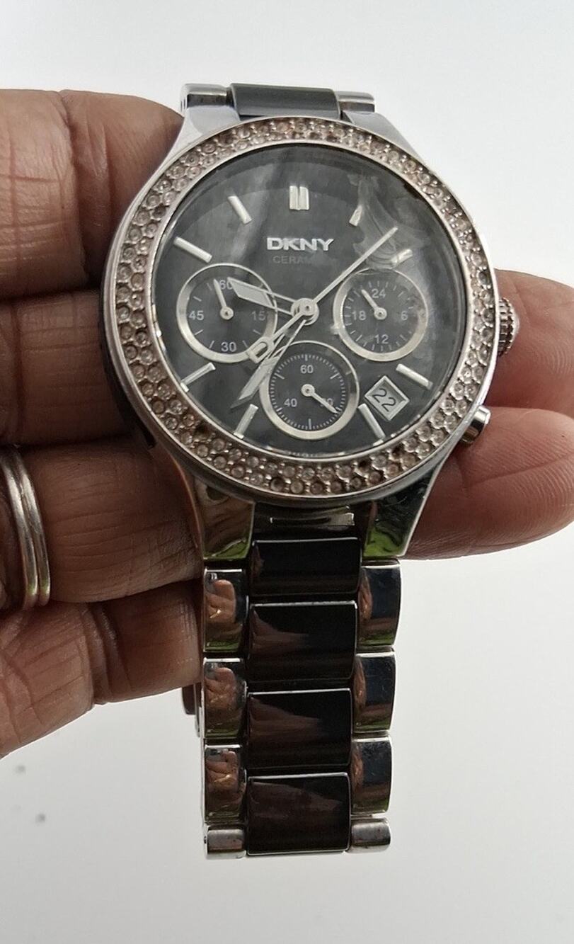 Womens DKNY Black Ceramic Stainless Steel Chronograph Crystal Bezel Watch Date